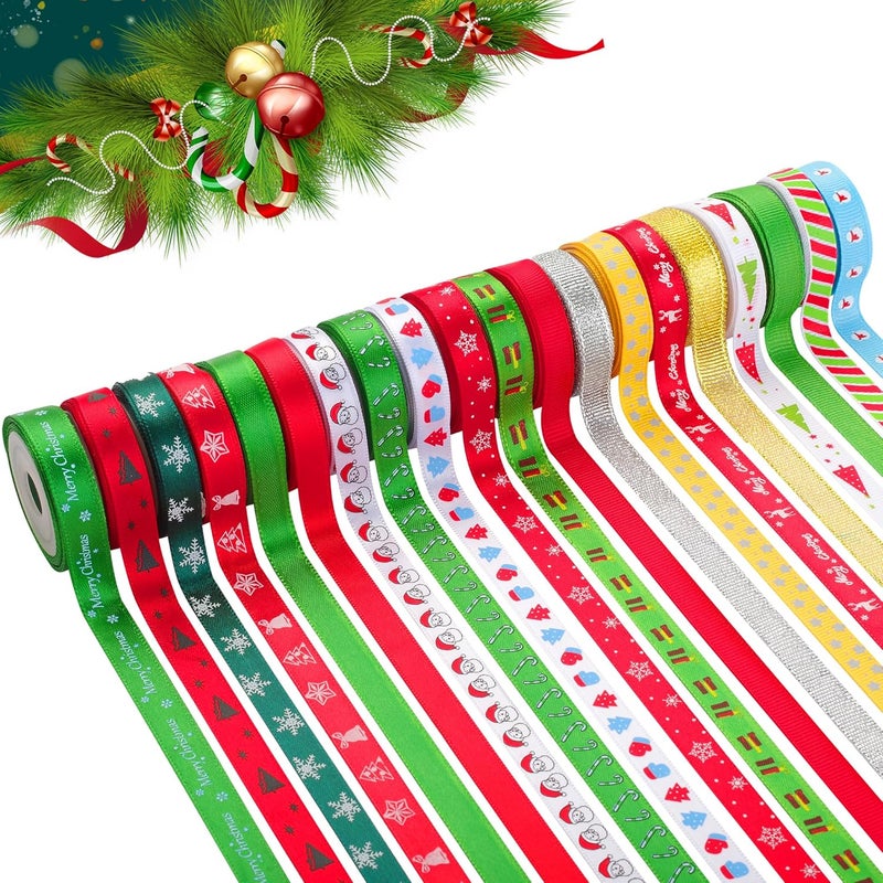 CCTVRTV 20 Rolls 100 Yards Christmas Ribbon for Gift Wrapping, 3/8 Inch Printed Christmas Grosgrain Ribbon, Christmas Ribbon for Gift Wrapping Crafts DIY Holiday Xmas Decorations - Image 1
